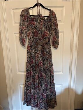 1. State Burgundy and Black Off Shoulder Paisley Maxi Dress